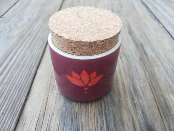 Räucherdose mit Korkdeckel aus Keramik  - Lotus weinrot 100% handgefertigt