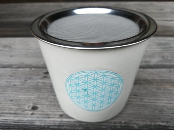 Keramik Räuchergefäß weiß - Lebensblume mintgrün 100% handgefertigt mit Räuchersieb 12,5 cm
